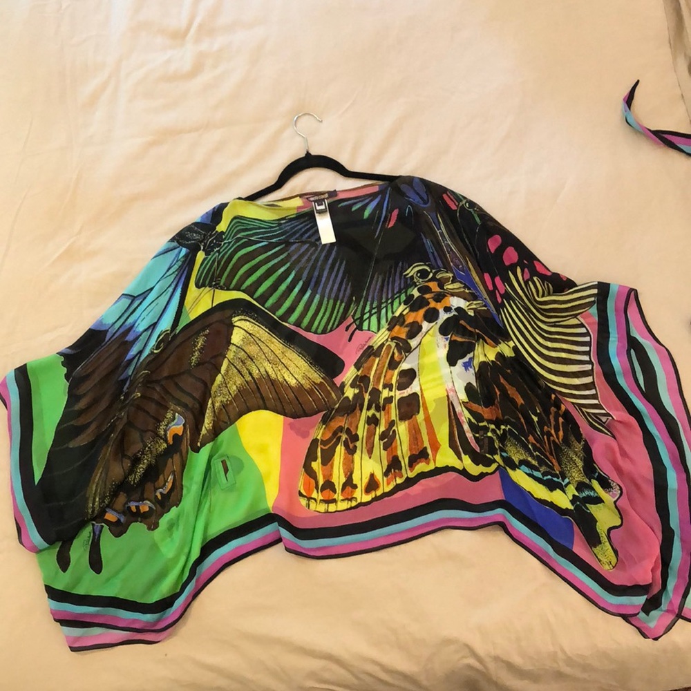 Roberto Cavalli butterfly bold multi-color print 100%silk scarf blouse  size 42